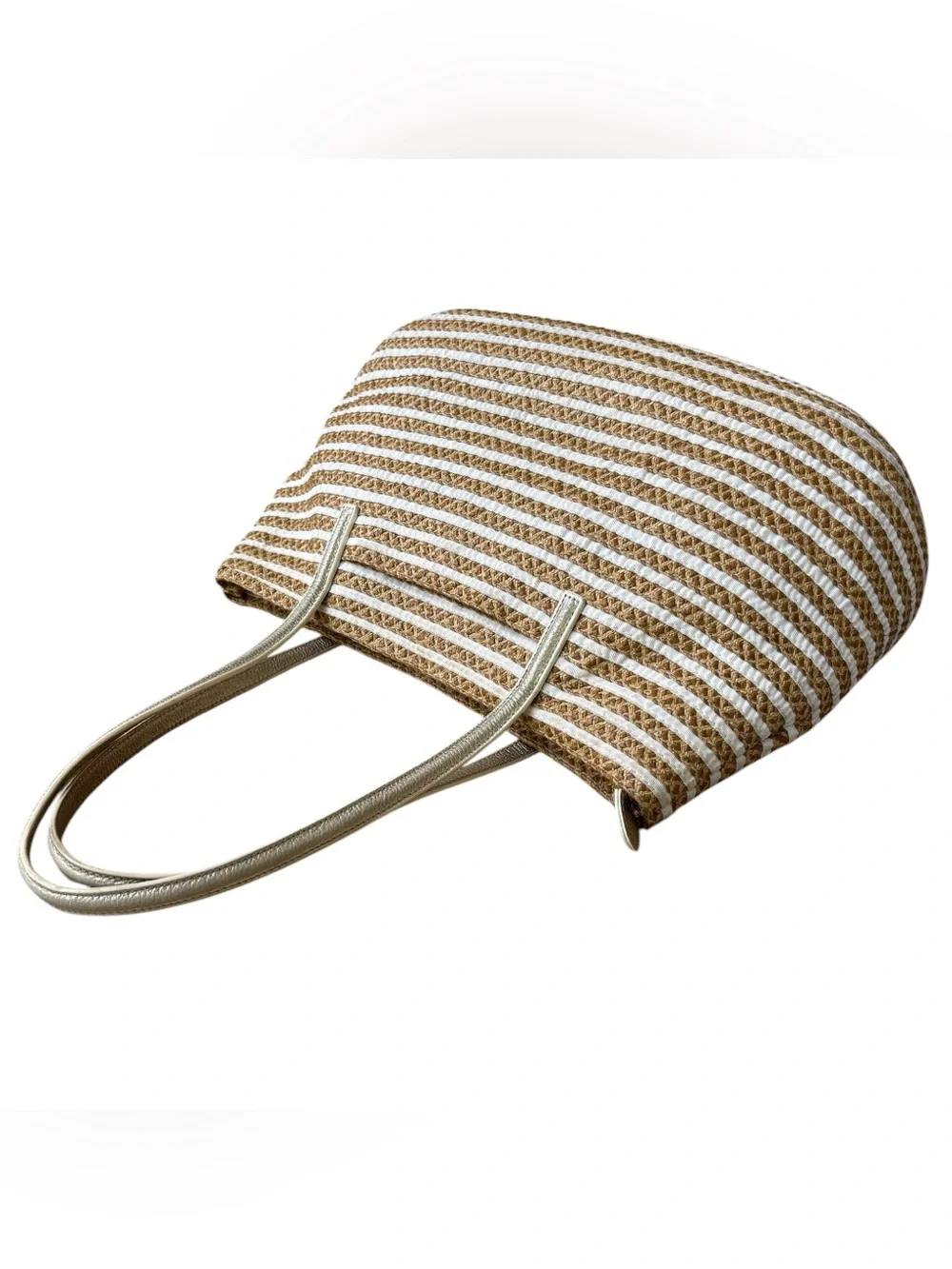 ERIC JAVITS Isla “Squishee” Straw & White Grosgrain Tote w/ Gold Leather Straps